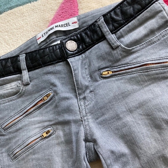 Etienne Marcel Grey Denim Low Rise Moto Skinny Jeans with Quilting Leather 25 0 - Picture 3 of 7